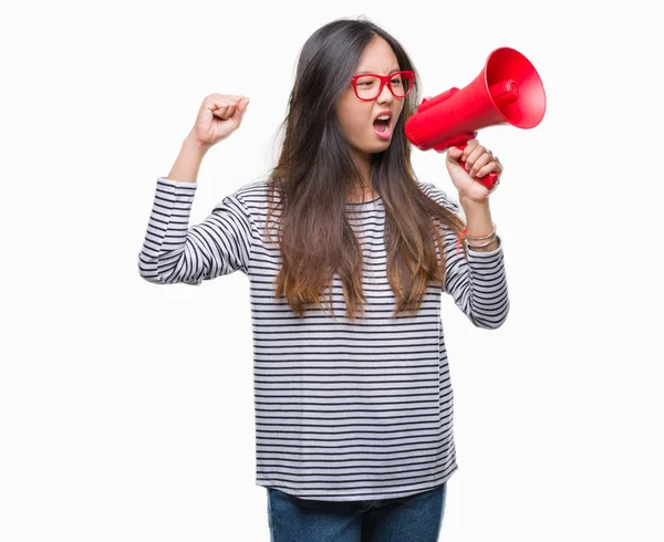 Young Asian Woman Holding Megaphone Isolated Background Annoyed Frustrated Shouting — Stock Photo, Image