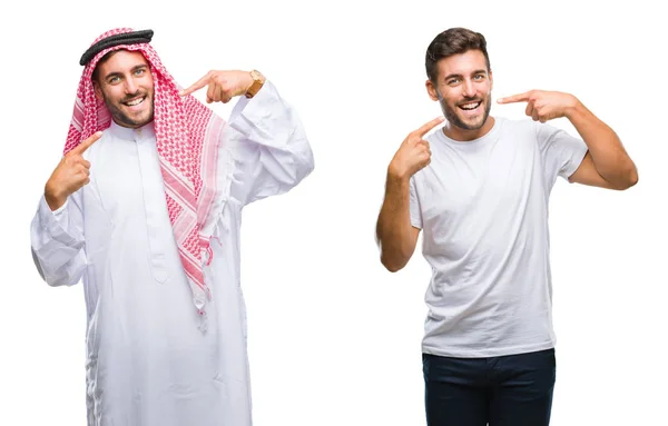 ハンサムな若い男と自信を示すと指歯と口を指して笑って孤立の背景上のアラブ人のコラージュ 健康の概念 — ストック写真