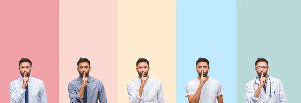 Colagem Homem Bonito Sobre Listras Coloridas Fundo Isolado Pedindo Para — Fotografia de Stock