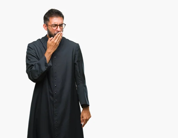 Adult Hispanic Catholic Priest Man Isolated Background Bored Yawning Tired — Stock Photo, Image