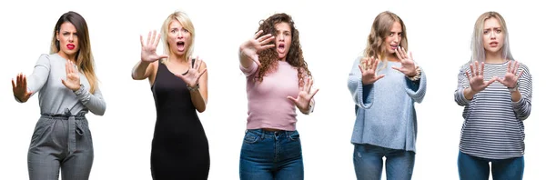 Collage Unga Vackra Kvinnor Över Isolerade Bakgrund Rädd Och Skräckslagen — Stockfoto