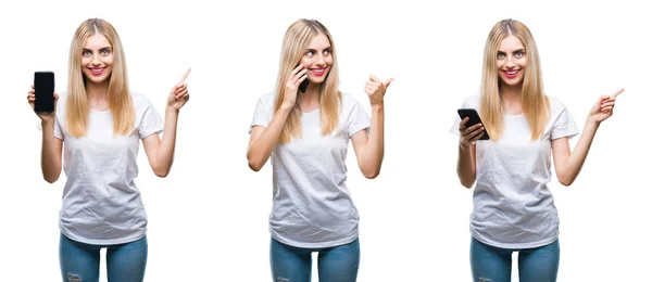 Collage Young Beautiful Blonde Casual Woman Using Smartphone Isolated Background — Stock Photo, Image