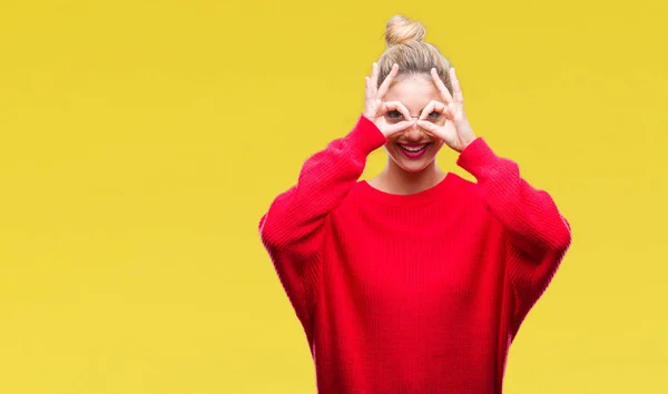 Joven Hermosa Mujer Rubia Con Suéter Rojo Gafas Sobre Fondo —  Fotos de Stock