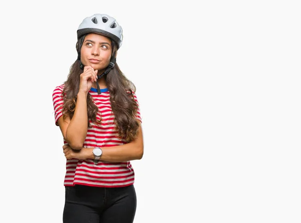 Junge Arabische Radfahrerin Mit Schutzhelm Über Isoliertem Hintergrund Die Hand — Stockfoto