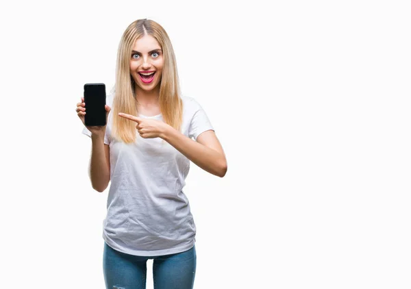 Young Beautiful Blonde Woman Showing Smartphone Isolated Background Very Happy — Stock Photo, Image
