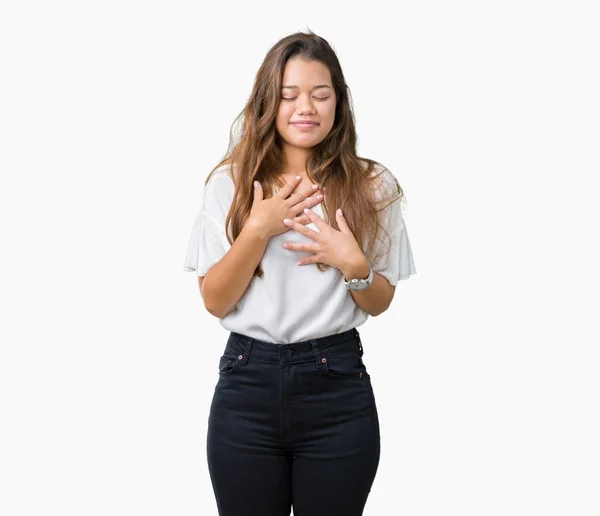 Joven Hermosa Mujer Negocios Morena Sobre Fondo Aislado Sonriendo Con — Foto de Stock