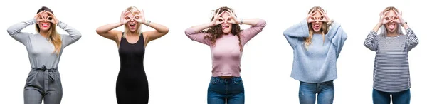 Collage Young Beautiful Women Isolated Background Doing Gesture Binoculars Sticking — Stock Photo, Image