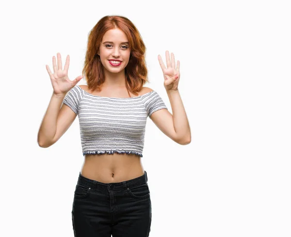 Young Beautiful Woman Isolated Background Showing Pointing Fingers Number Nine — Stock Photo, Image