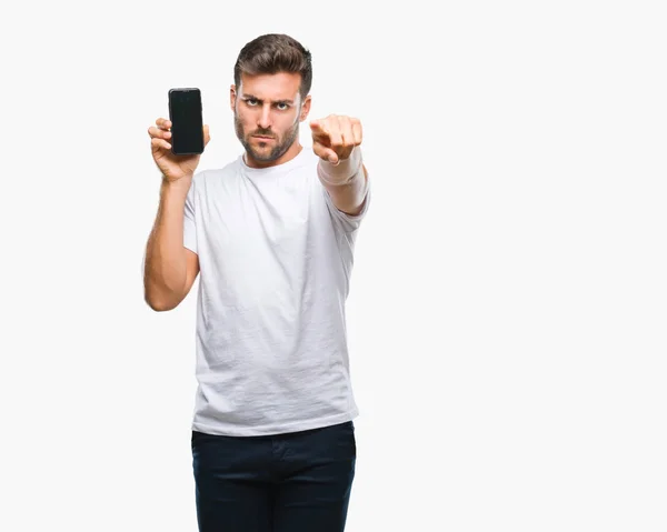 Young Handsome Man Showing Smartphone Screen Isolated Background Pointing Finger — Stock Photo, Image