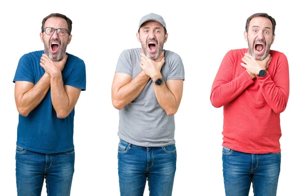 Collage Handsome Senior Man White Isolated Background Shouting Suffocate Because — Stock Photo, Image