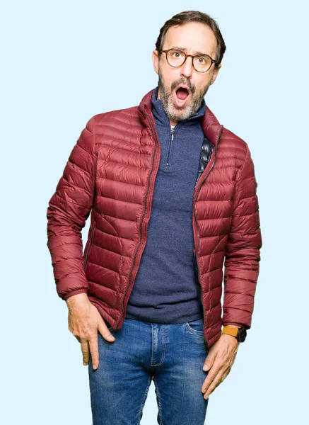 Middle Age Handsome Man Wearing Glasses Winter Coat Shock Face — Stock Photo, Image