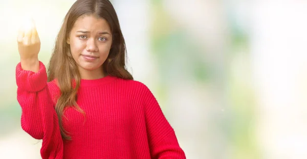 Junge Schöne Brünette Frau Trägt Roten Winterpullover Über Isoliertem Hintergrund — Stockfoto