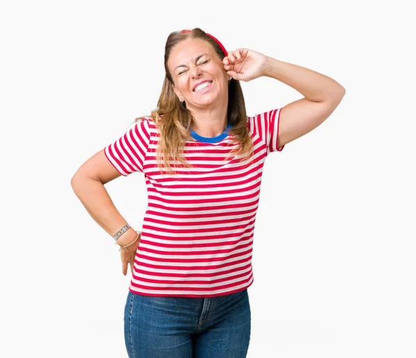 Beautiful Middle Age Woman Wearing Casual Stripes Shirt Isolated Background — Stock Photo, Image