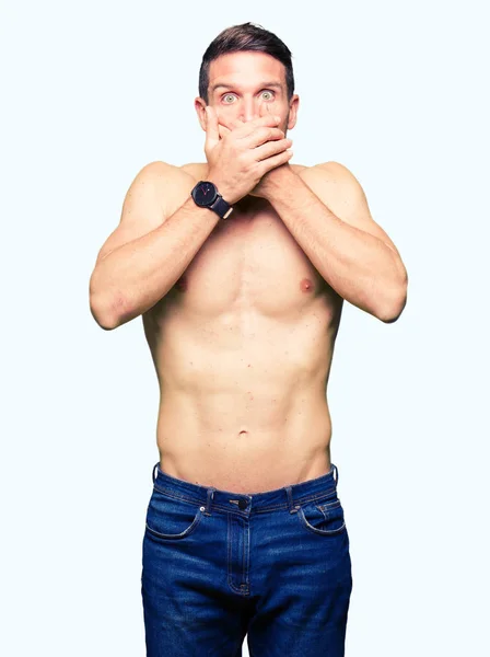 Handsome Shirtless Man Showing Nude Chest Shocked Covering Mouth Hands — Stock Photo, Image