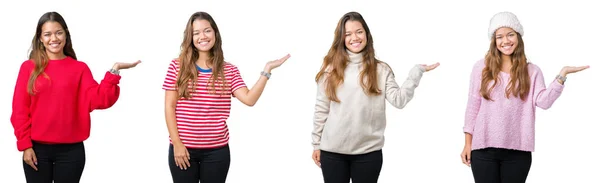 Collage Van Mooie Jonge Vrouw Geïsoleerde Achtergrond Lacht Vrolijk Presenteren — Stockfoto