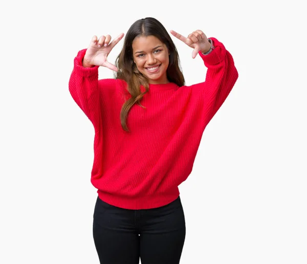 Young Beautiful Brunette Woman Wearing Red Winter Sweater Isolated Background — Stock Photo, Image