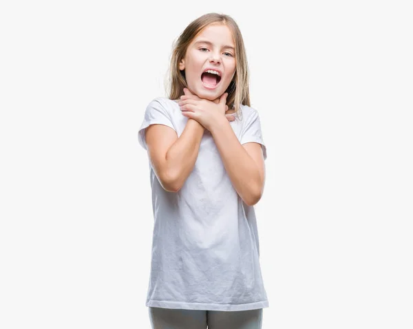 Giovane Bella Ragazza Sfondo Isolato Gridando Soffocare Perché Strangolare Doloroso — Foto Stock