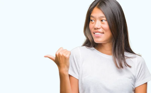 Young Asian Woman Isolated Background Smiling Happy Face Looking Pointing — Stock Photo, Image