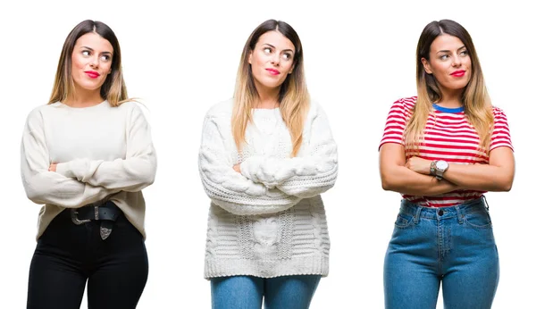 Collage Joven Hermosa Mujer Sobre Fondo Aislado Sonriendo Mirando Lado — Foto de Stock