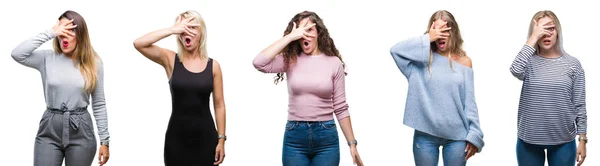 Colagem Jovens Mulheres Bonitas Sobre Fundo Isolado Espreitando Choque Cobrindo — Fotografia de Stock