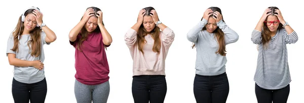 Collage Vackra Unga Kvinnan Över Isolerade Bakgrund Lider Huvudvärk Desperat — Stockfoto