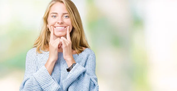 Mooie Jonge Vrouw Dragen Blauwe Trui Geïsoleerd Background Smiling Met — Stockfoto