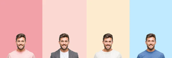 Collage Bel Giovane Strisce Colorate Sfondo Isolato Con Sorriso Felice — Foto Stock