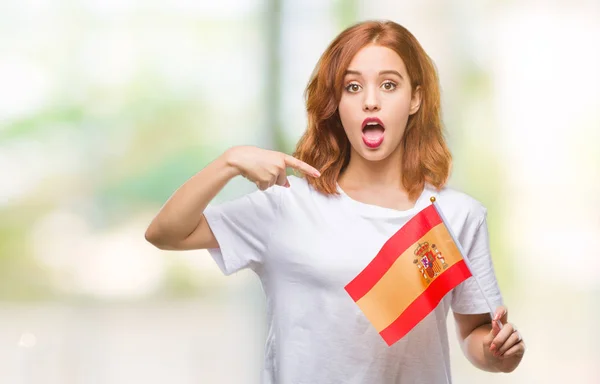 Jeune Belle Femme Tenant Drapeau Espagne Sur Fond Isolé Avec — Photo