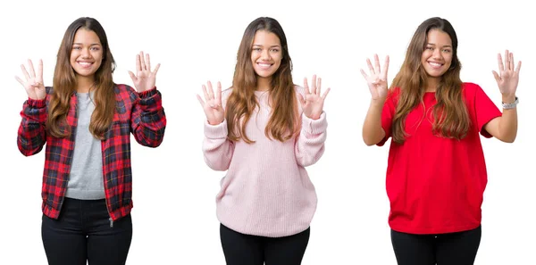 Collage Einer Schönen Jungen Frau Vor Isoliertem Hintergrund Die Mit — Stockfoto