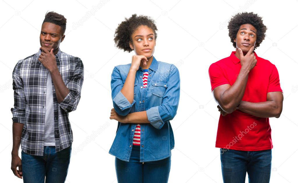 Collage of group african american people with afro hair over isolated background with hand on chin thinking about question, pensive expression. Smiling with thoughtful face. Doubt concept.
