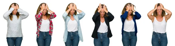 Collage Hermosa Mujer Mediana Edad Sobre Fondo Blanco Aislado Que — Foto de Stock