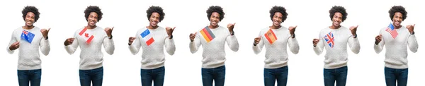 Collage African American Young Man Holding Flags Countries Isolated Background — Stock Photo, Image