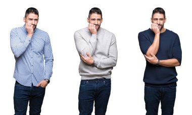 Kolaj yakışıklı iş adamı stresli ve gergin ile beyaz izole arka plan üzerinde bir tırnak ısırma dudaklarından eller. Anksiyete sorunu.