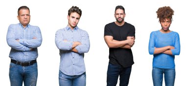 Grup Genç ve orta yaş insanlar şüpheci ve çapraz kolları olan yüzündeki gergin, onaylamayan ifade kolaj. Negatif kişi.