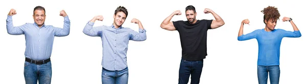 一群年轻和中年的人表现出双臂肌肉微笑的骄傲 健身理念 — 图库照片