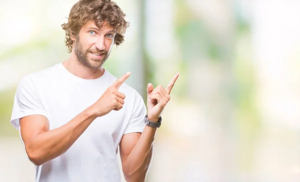 Handsome Hispanic Model Man Isolated Background Smiling Looking Camera Pointing — Stock Photo, Image