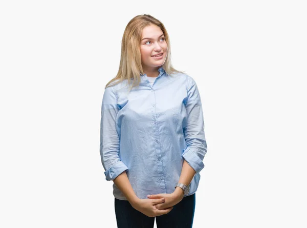 Young Caucasian Business Woman Isolated Background Looking Away Side Smile — Stock Photo, Image