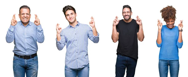 Colagem Grupo Pessoas Jovens Meia Idade Que Sorriem Cruzando Dedos — Fotografia de Stock