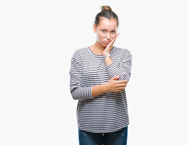 Jonge Mooie Kaukasische Vrouw Geïsoleerde Achtergrond Denken Zoek Moe Verveeld — Stockfoto