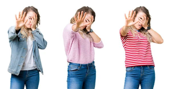 Collage Von Jungen Schönen Blonden Mädchen Vor Isoliertem Hintergrund Die — Stockfoto