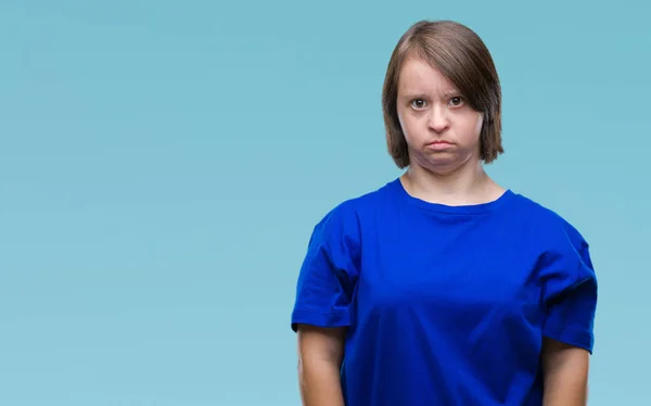 Junge Erwachsene Frau Mit Syndrom Vor Isoliertem Hintergrund Mit Ernstem — Stockfoto