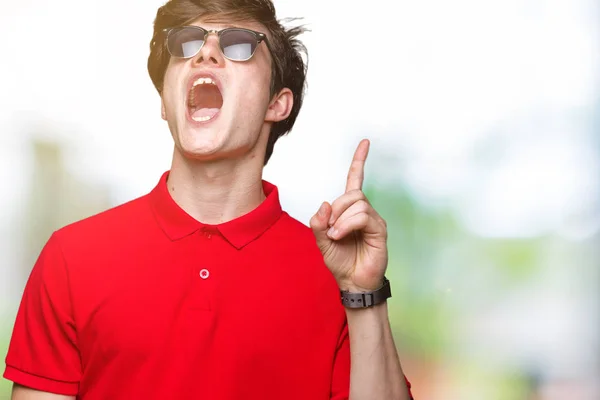 Young Handsome Man Wearing Sunglasses Isolated Background Pointing Finger Successful — Stock Photo, Image