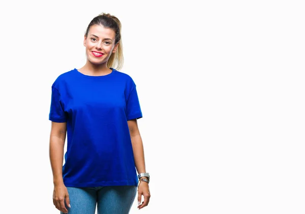 Mujer Hermosa Joven Que Usa Una Camiseta Azul Casual Sobre — Foto de Stock