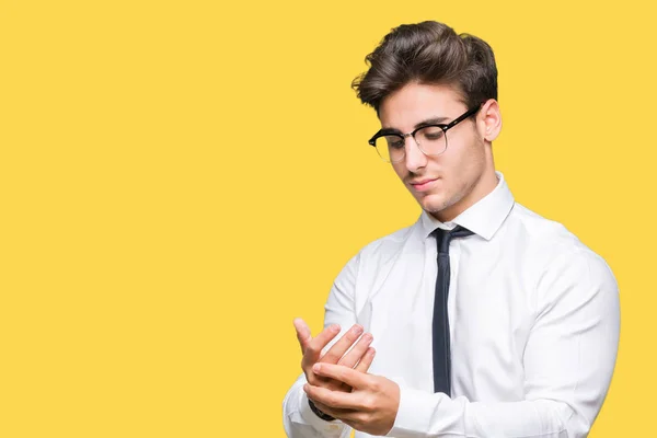 Joven Hombre Negocios Con Gafas Sobre Fondo Aislado Sufriendo Dolor —  Fotos de Stock