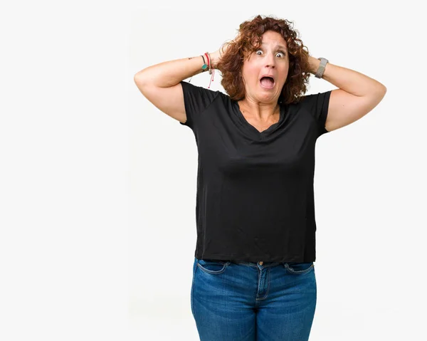 Beautiful Middle Ager Senior Woman Isolated Background Crazy Scared Hands — Stock Photo, Image