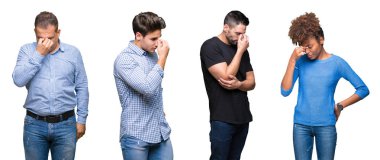 Grup Genç ve orta yaş insanlar kolaj sürtünme burun ve göz yorgunluğu ve baş ağrısı duygu yorgun. Stres ve hayal kırıklığı kavramı.