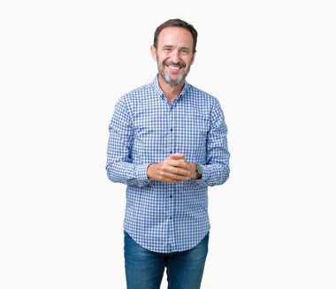 Yakışıklı orta yaş üzerinde zarif komuta sizde birlikte arka plan eller izole ve parmakları rahat ve neşeli gülümseyen geçti. Başarı ve iyimser