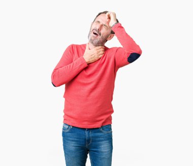 Yakışıklı orta yaş ağarmış komuta sizde üzerinde kış kazak giyen izole arka plan hastalık ve ateş, grip ve soğuk, virüs hasta için alın dokunmadan