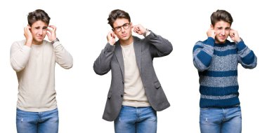 Genç yakışıklı iş adamı yüksek sesle müzik gürültü rahatsız ifade parmaklarıyla kulaklarıyla kapsayan izole arka plan üzerinde kolaj. Sağır kavramı.