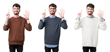 Kolaj gösterilen ve parmakları ile işaret izole arka plan üzerinde bir kazak giyen genç adam kendinden emin ve mutlu gülümseyerek süre 6 numara.